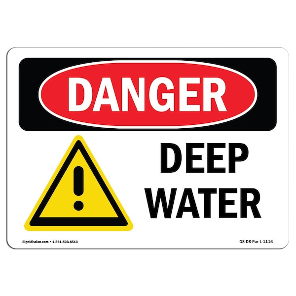 Safety Sign, OSHA Danger, 7" Height, Aluminum, Deep Water, Landscape